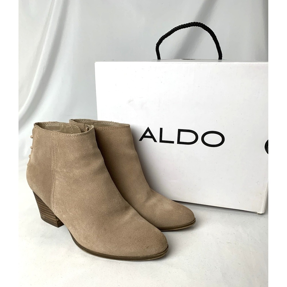 Aldo Suede Leather Ankle Boots Womens 7.5 Tan Side Zip Lace Up Back Festival